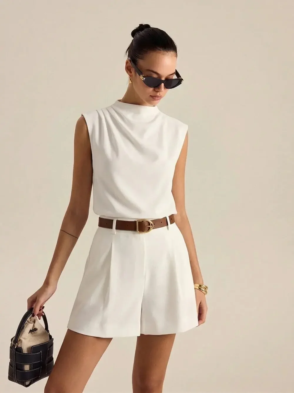 Commense Sleeveless Crop Top Pleated Shorts Two Piece Set White Belted XS NWT